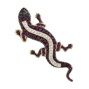 Ruby and Diamond Lizard Brooch with Emerald Eyes in 14ct Gold