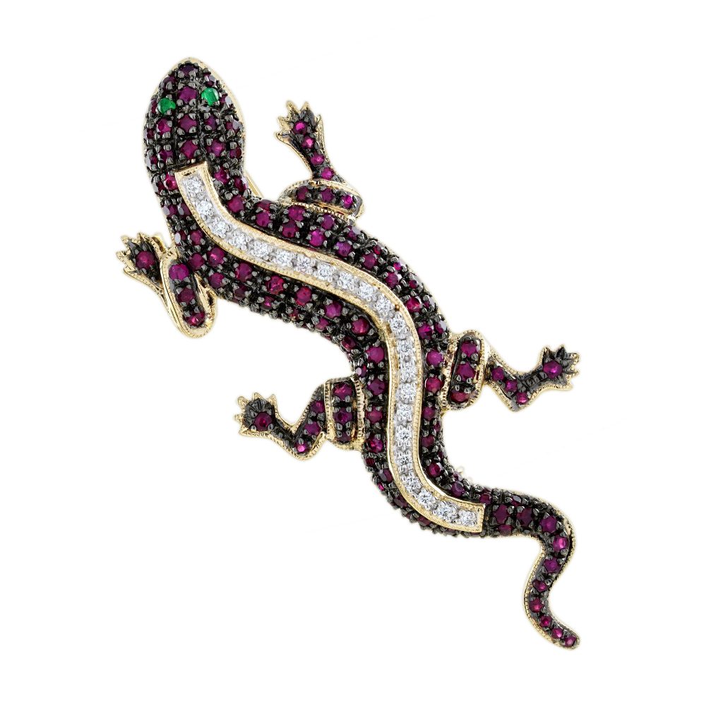 Ruby and Diamond Lizard Brooch with Emerald Eyes in 14ct Yellow Gold