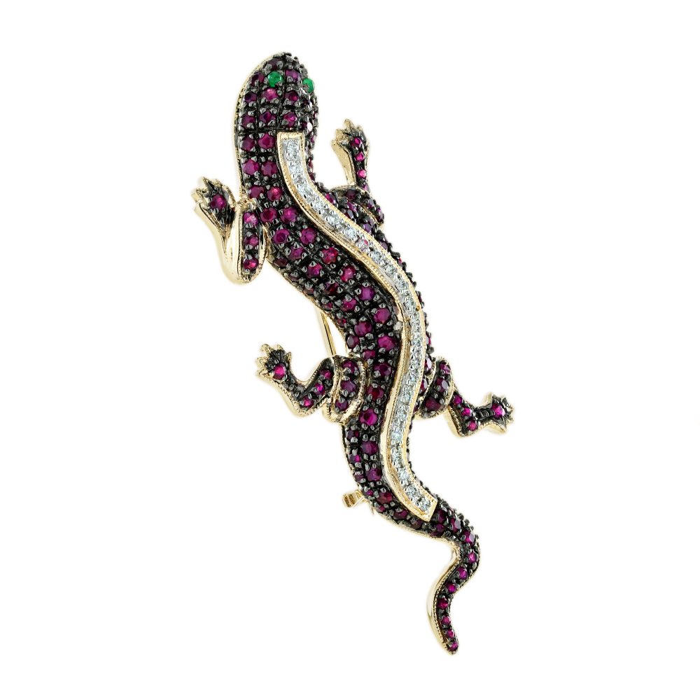 Ruby and Diamond Lizard Brooch with Emerald Eyes in 14ct Yellow Gold
