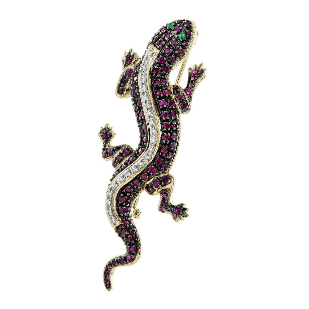 Ruby and Diamond Lizard Brooch with Emerald Eyes in 14ct Yellow Gold