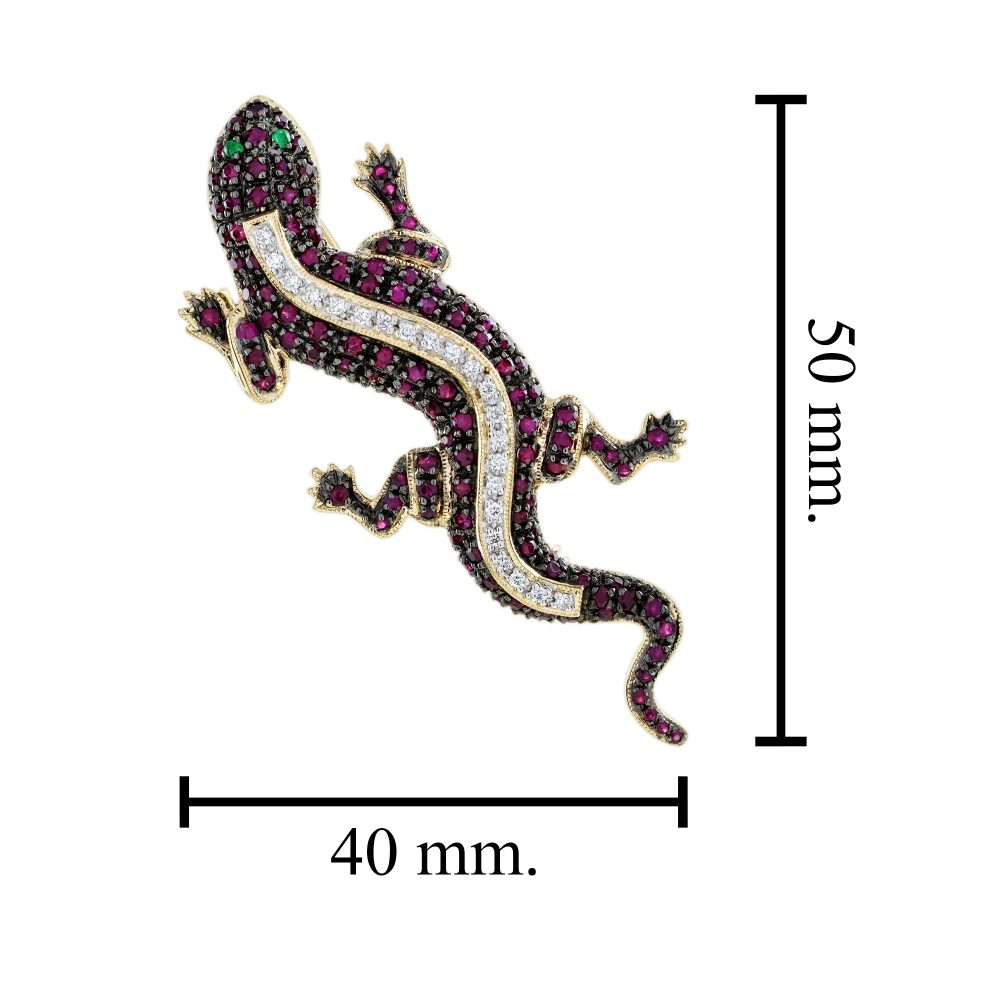 Ruby and Diamond Lizard Brooch with Emerald Eyes in 14ct Yellow Gold