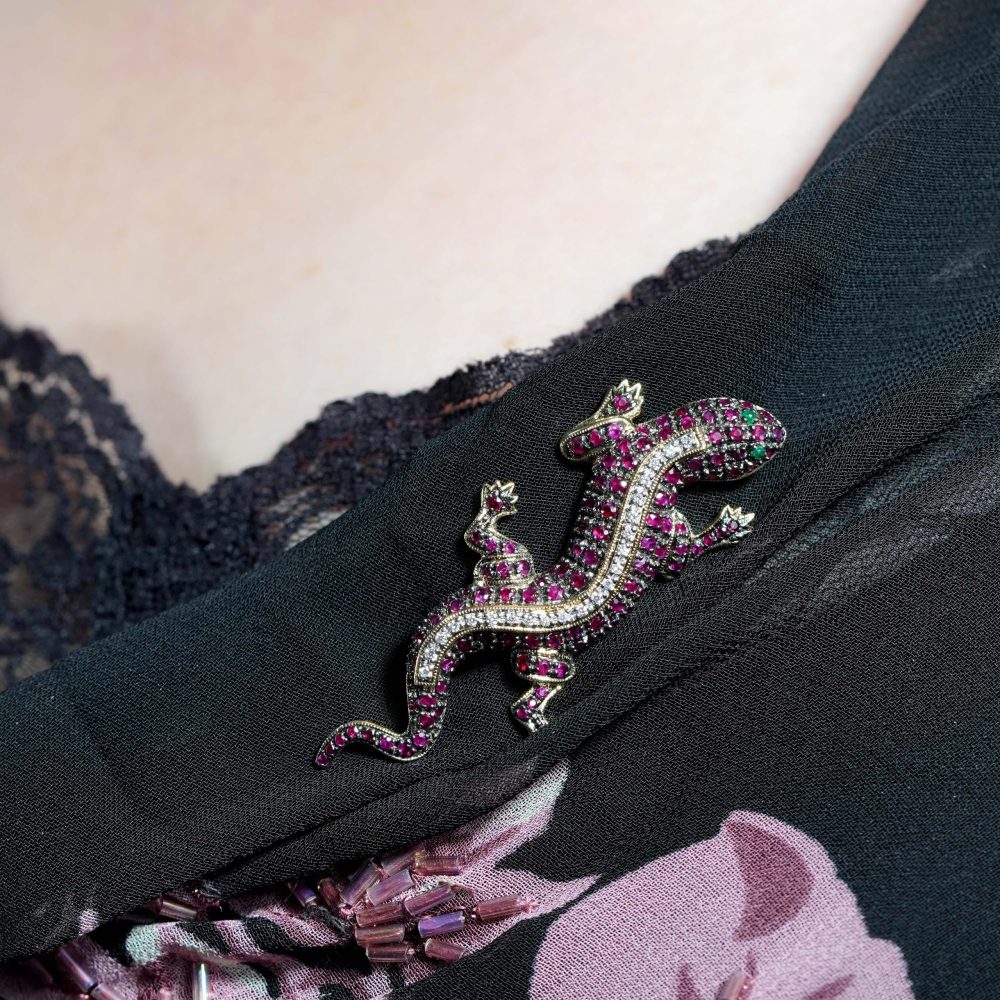 Ruby and Diamond Lizard Brooch with Emerald Eyes in 14ct Yellow Gold
