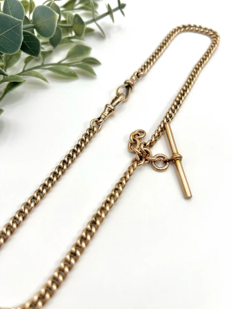 Edwardian Antique 9ct Rose Gold Curb Link Albert Chain Necklace with two matching swivel dog clips 35.7mm T-bar and 4 additional links for attaching fobs or charms. Birmingham, 1900