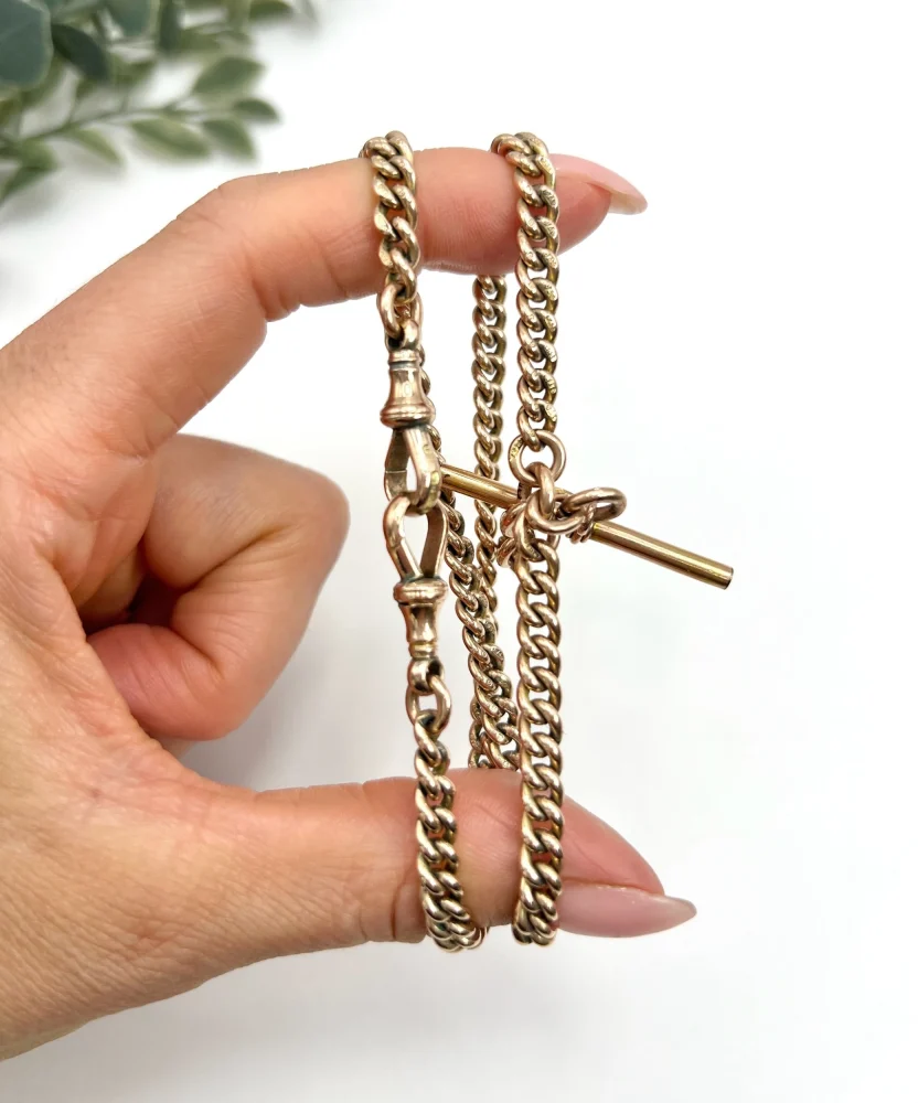 Edwardian Antique 9ct Rose Gold Curb Link Albert Chain Necklace with two matching swivel dog clips 35.7mm T-bar and 4 additional links for attaching fobs or charms. Birmingham, 1900