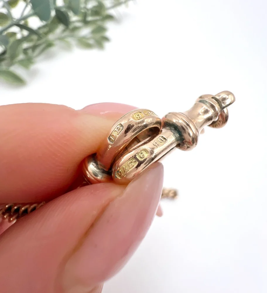Edwardian Antique 9ct Rose Gold Curb Link Albert Chain Necklace with two matching swivel dog clips 35.7mm T-bar and 4 additional links for attaching fobs or charms. Birmingham, 1900