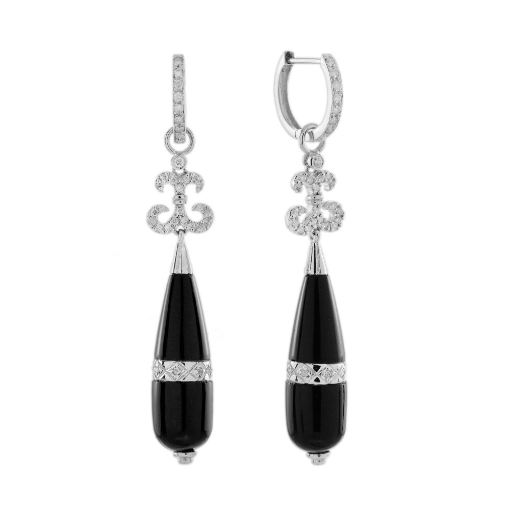 Black Onyx and Diamond Pendant Drop Earrings, Rich black onyx drops accented with diamond bands and diamond scroll tops suspended from detachable diamond hoops