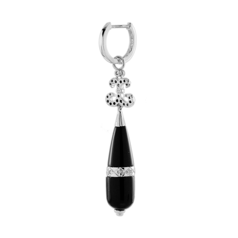 Black Onyx and Diamond Pendant Drop Earrings, Rich black onyx drops accented with diamond bands and diamond scroll tops suspended from detachable diamond hoops