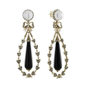 Antique Style Black Onyx Pearl Diamond Drop Earrings in 9ct yellow gold