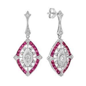 2.30ct Ruby and Diamond Navette Cluster Drop Earrings, Pierced marquise shaped drops set with diamonds accented with vivid frames of rich red rubies in 18ct white gold