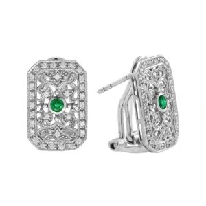 Emerald and Diamond Filigree Cluster Earrings, rich green emerald centres surrounded by intricate filigree metalwork set with delicate diamond accents in 14ct white gold