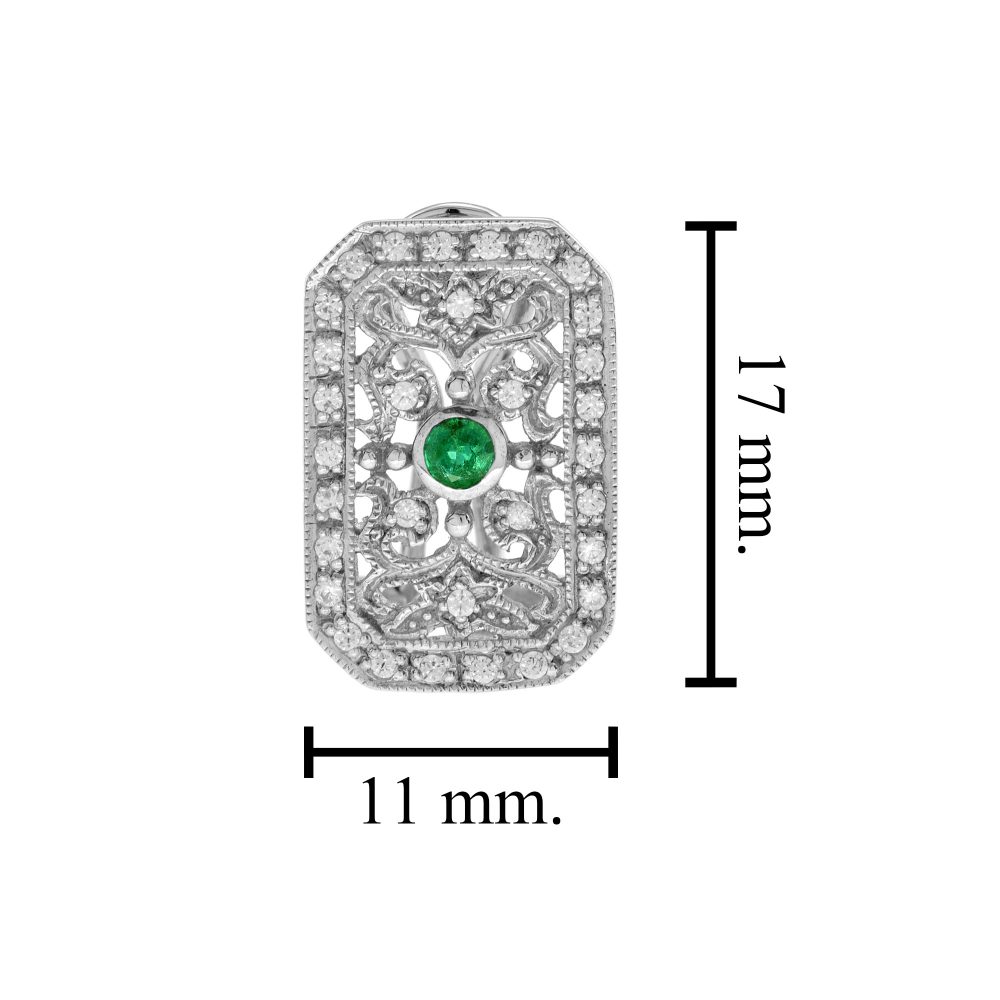 Emerald and Diamond Filigree Cluster Earrings, rich green emerald centres surrounded by intricate filigree metalwork set with delicate diamond accents in 14ct white gold