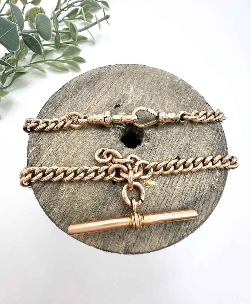 Edwardian Antique 9ct Rose Gold Curb Link Albert Chain Necklace with two matching swivel dog clips 35.7mm T-bar and 4 additional links for attaching fobs or charms. Birmingham, 1900
