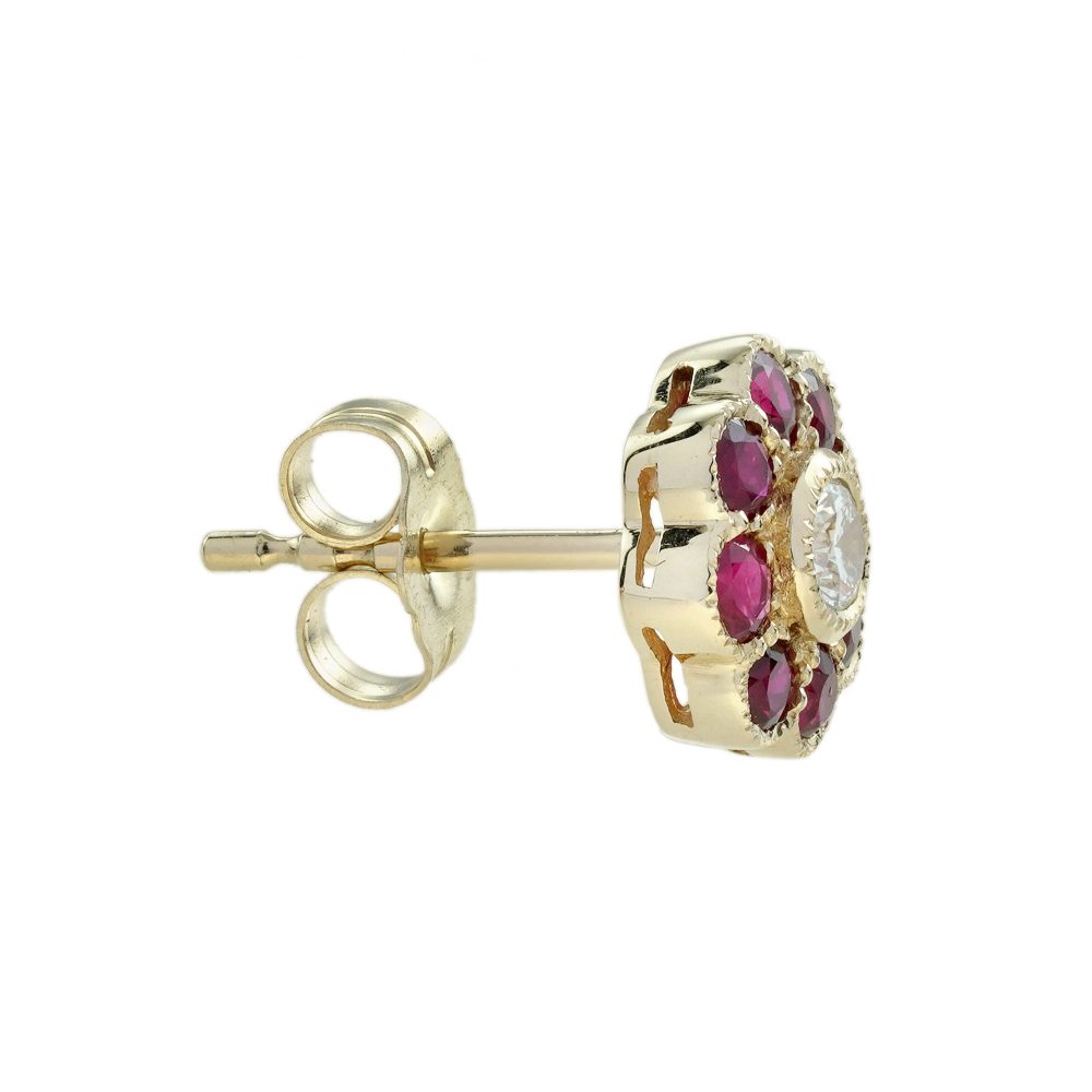 Modern Diamond and Ruby Floral Cluster Stud Earrings in 14ct Yellow Gold, central diamonds surrounded by vibrant red rubies in timeless flower design