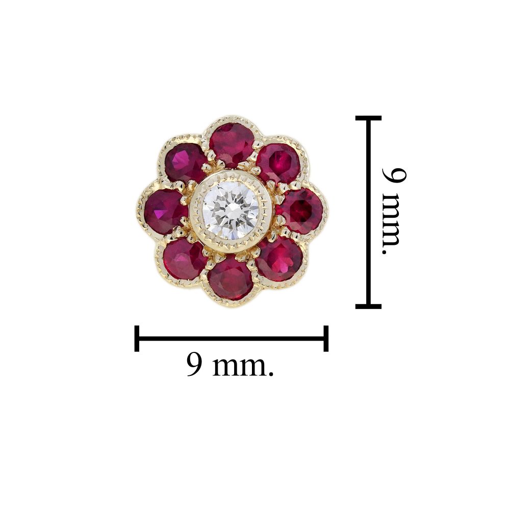 Modern Diamond and Ruby Floral Cluster Stud Earrings in 14ct Yellow Gold, central diamonds surrounded by vibrant red rubies in timeless flower design