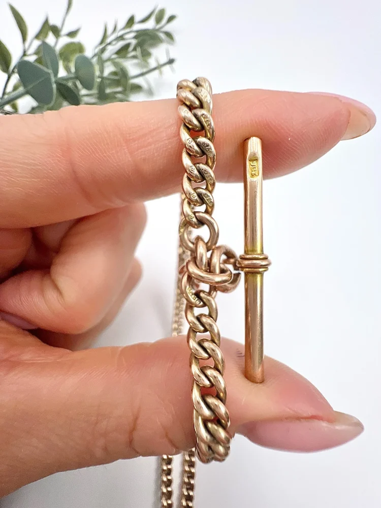 Edwardian Antique 9ct Rose Gold Curb Link Albert Chain Necklace with two matching swivel dog clips 35.7mm T-bar and 4 additional links for attaching fobs or charms. Birmingham, 1900