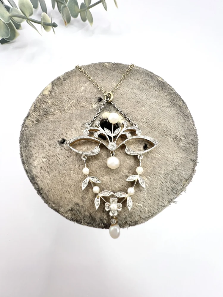 Edwardian diamond pendant gift for her and pearls