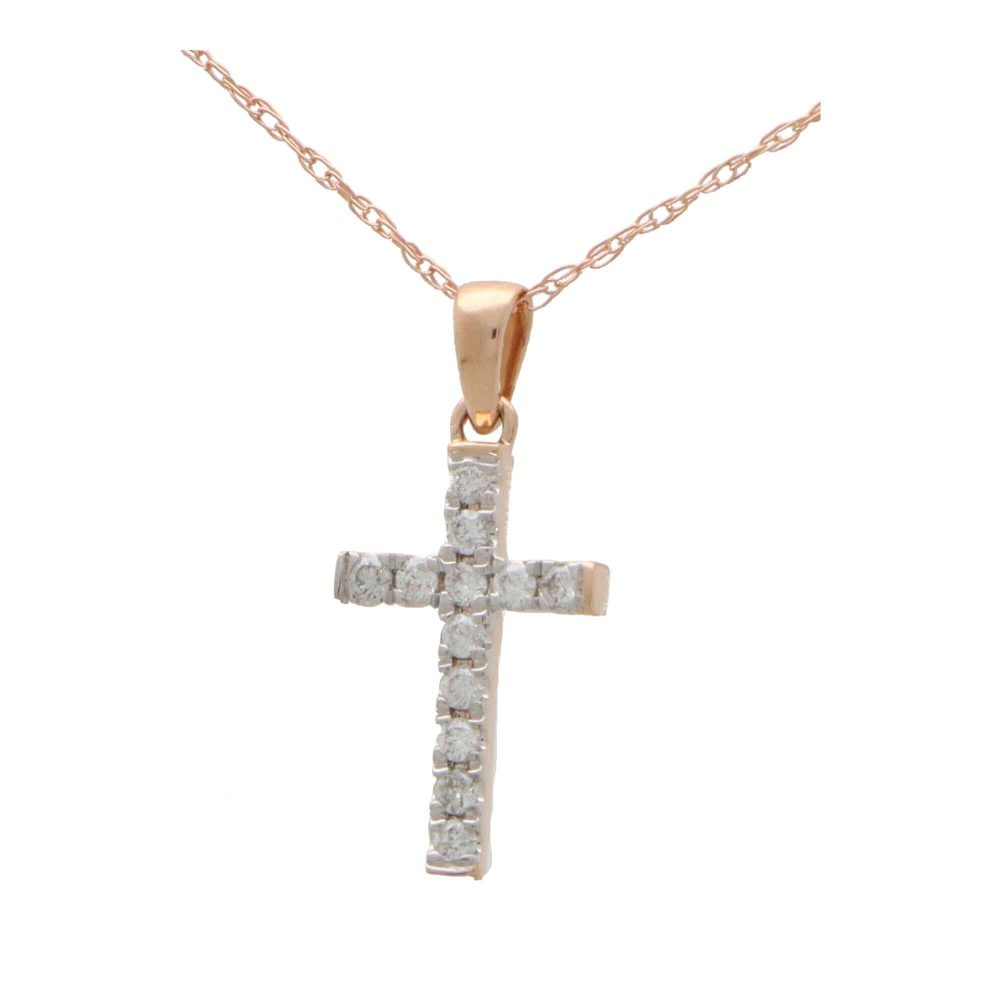 Modern Diamond Cross Pendant in 14ct Rose Gold, claw set with 12 round brilliant cut diamonds with polished rose gold bail on 18-inch rose gold trace chain