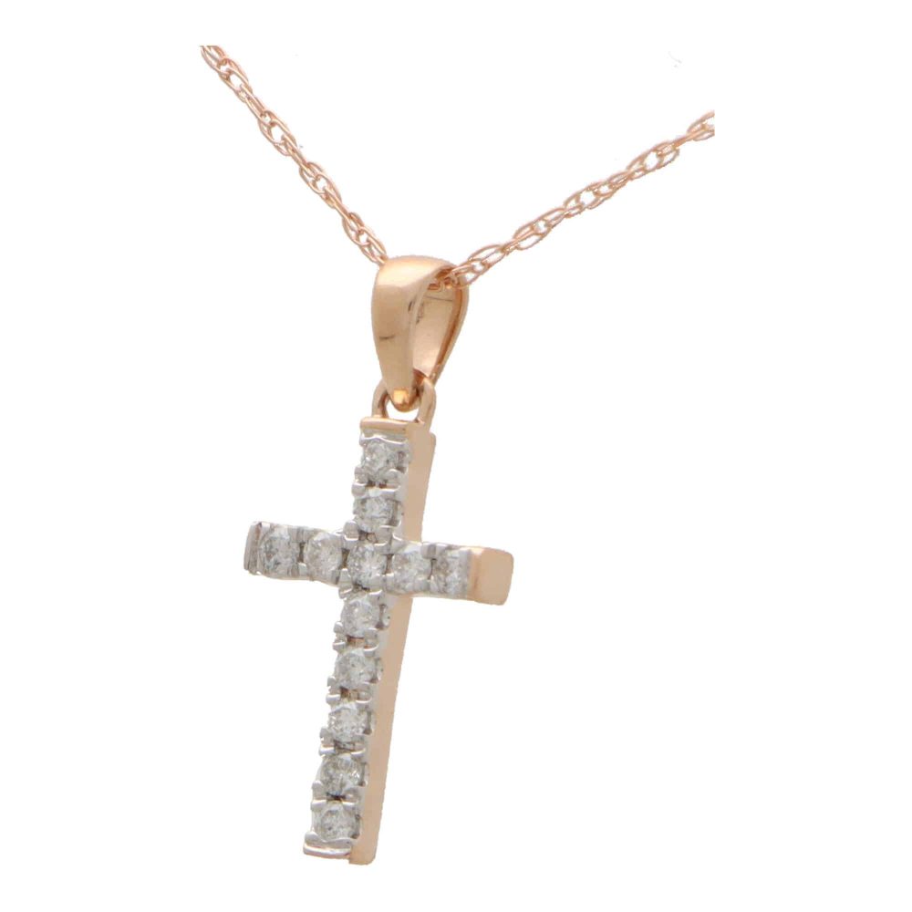 Modern Diamond Cross Pendant in 14ct Rose Gold, claw set with 12 round brilliant cut diamonds with polished rose gold bail on 18-inch rose gold trace chain