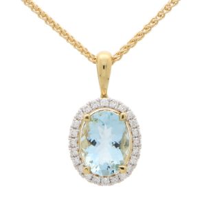 Oval Aquamarine and Diamond Halo Cluster Pendant in 18ct Yellow Gold, 1.12ct oval-cut sky blue aquamarine surrounded by 24 sparkling brilliant diamonds on polished gold bail