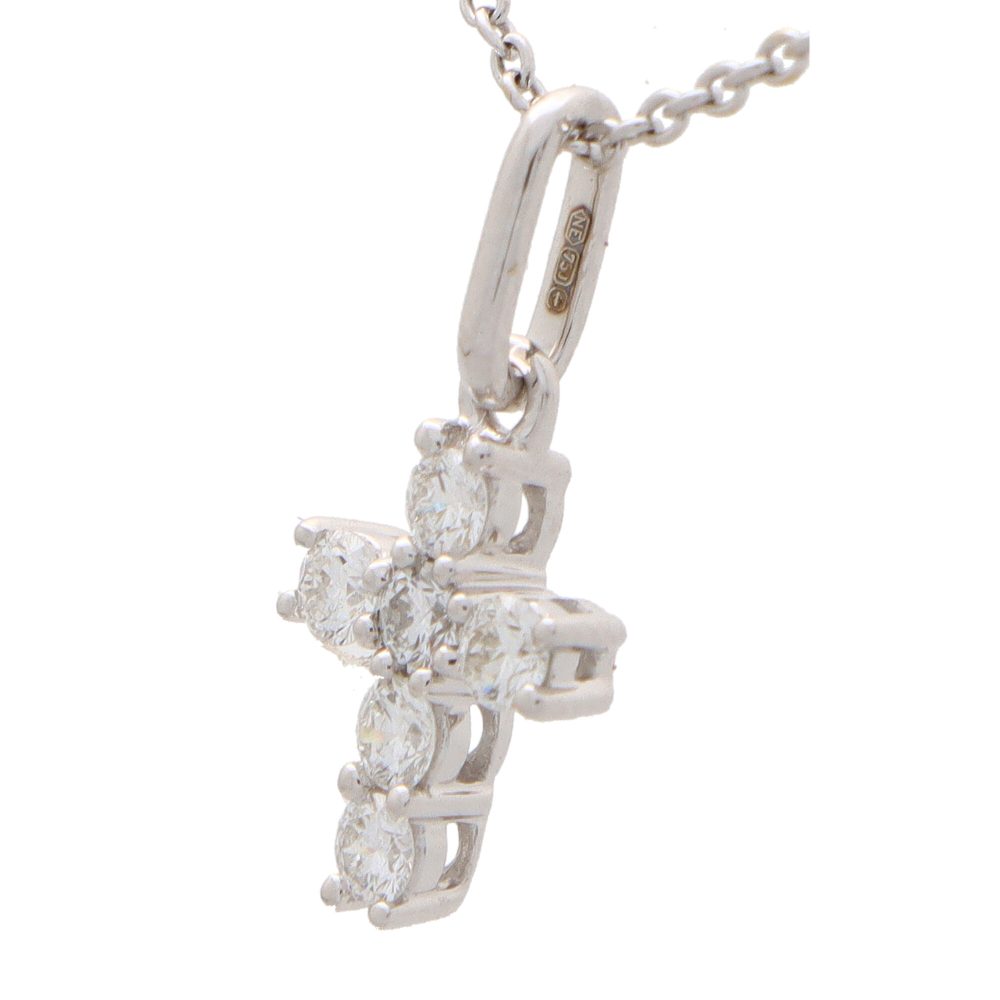 Modern Diamond Cross Pendant in 18ct White Gold, six individually claw set round brilliant cut diamonds arranged in cross design with polished white gold bail