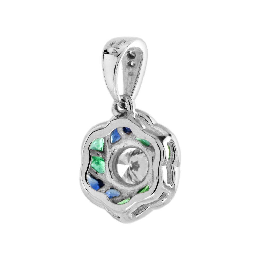 Diamond Emerald Sapphire Floral Cluster Rose Flower Pendant, central diamond surrounded by alternating calibre French-cut emeralds and sapphires in 18ct white gold