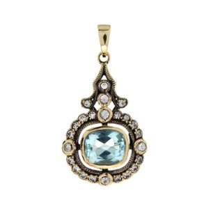 Blue Topaz and White Sapphire Pendant in 9ct Gold, central 1ct blue topaz surrounded by shimmering white sapphires in 9ct yellow gold