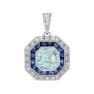 Aquamarine Sapphire and Diamond Octagonal Cluster Pendant in white gold