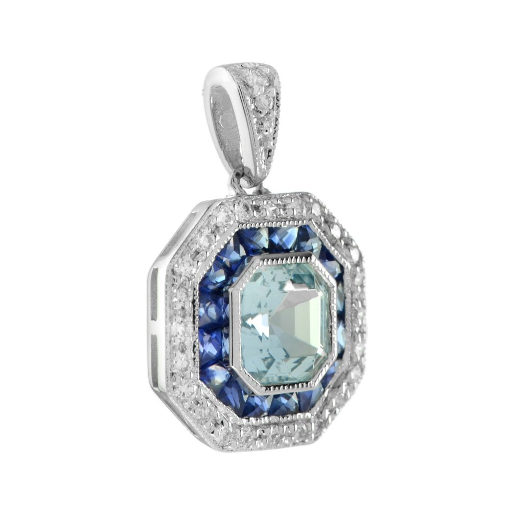 Aquamarine Sapphire and Diamond Octagonal Cluster Pendant in white gold