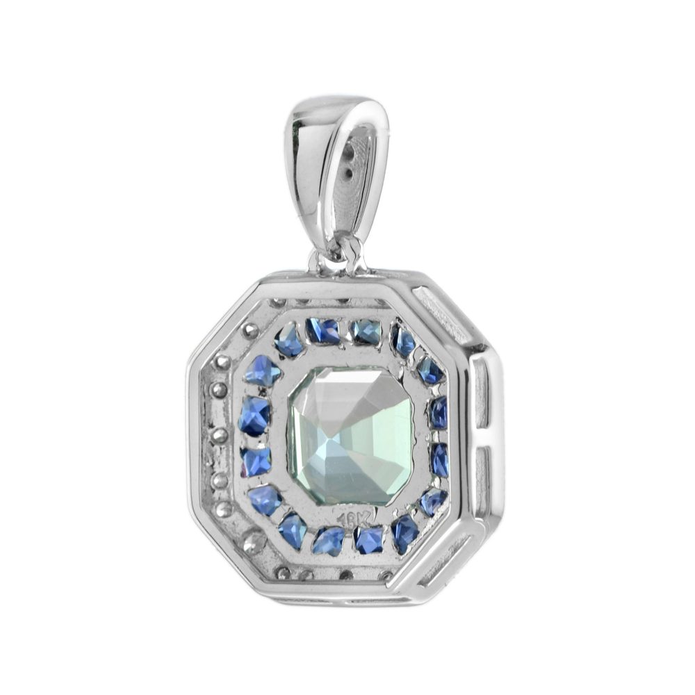 Aquamarine Sapphire and Diamond Octagonal Cluster Pendant in white gold
