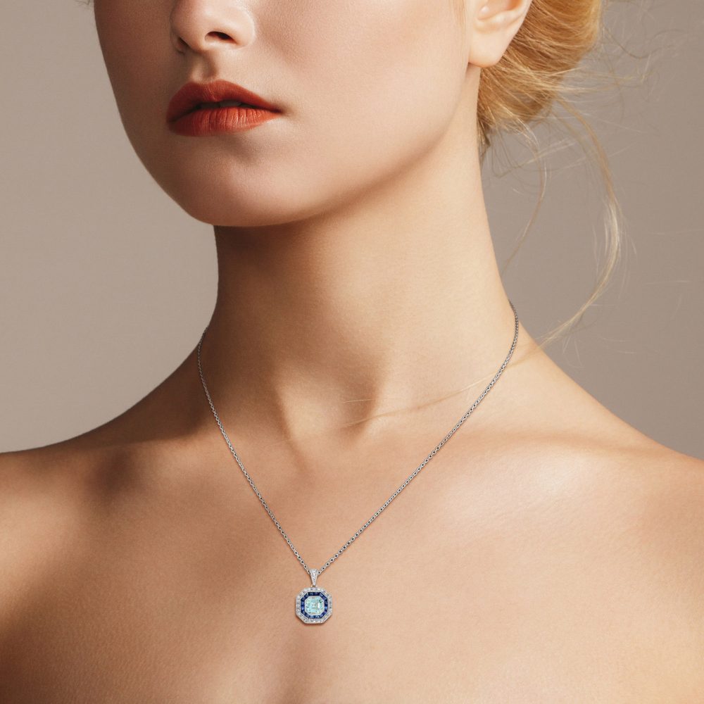 Aquamarine Sapphire and Diamond Octagonal Cluster Pendant in white gold