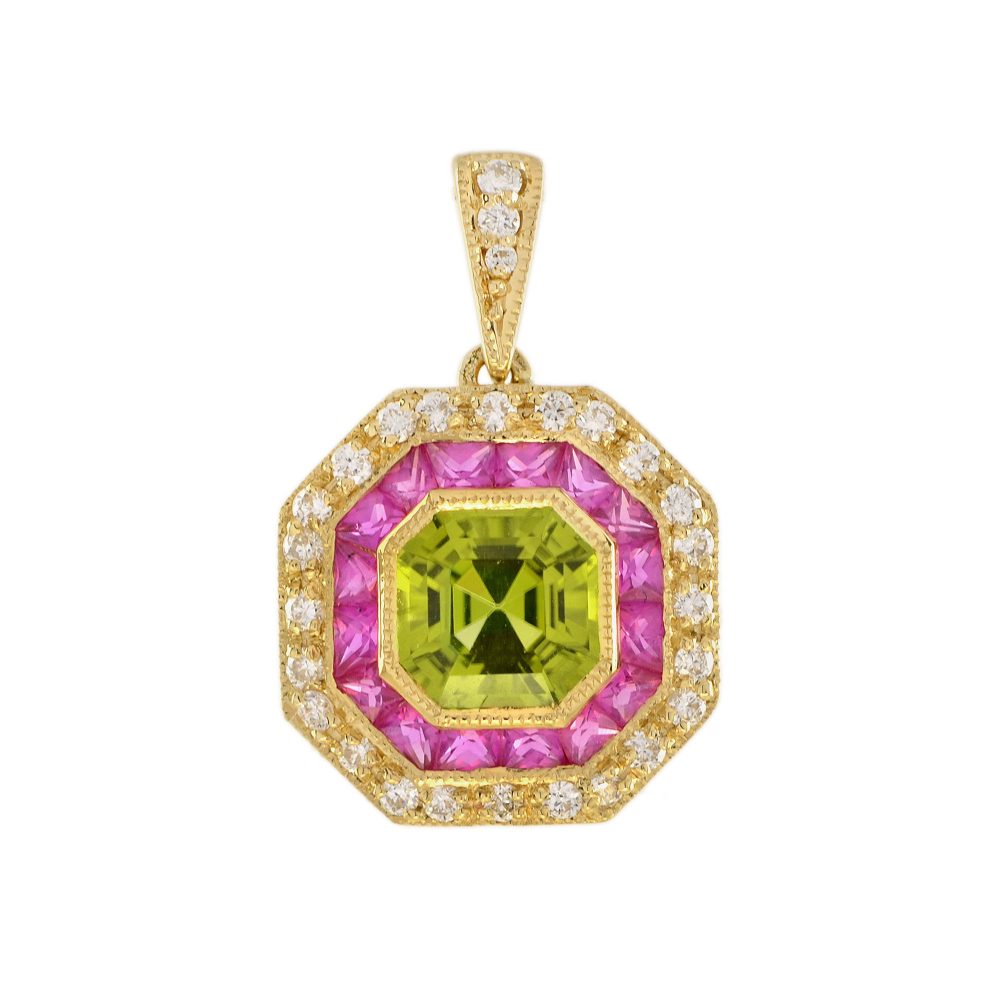 Peridot Ruby and Diamond Octagonal Target Cluster Pendant in 18ct Yellow Gold, octagonal-shaped Asscher-cut green peridot surrounded by pinkish-red rubies with outer border of sparkling diamonds