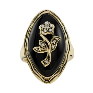 Black Onyx Navette Plaque Ring with Diamond and Pearl Flower