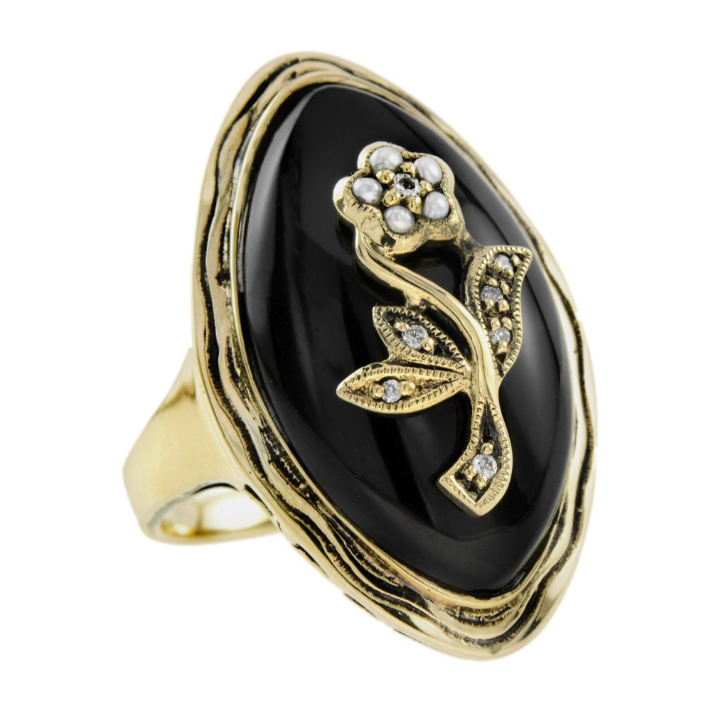 Black Onyx Navette Plaque Ring with Diamond and Pearl Flower in 14ct Yellow Gold, marquise-shaped onyx tablet with diamond and pearl floral and leaf motif