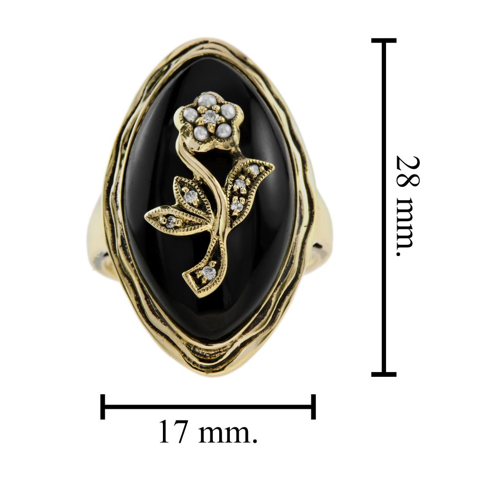Black Onyx Navette Plaque Ring with Diamond and Pearl Flower in 14ct Yellow Gold, marquise-shaped onyx tablet with diamond and pearl floral and leaf motif