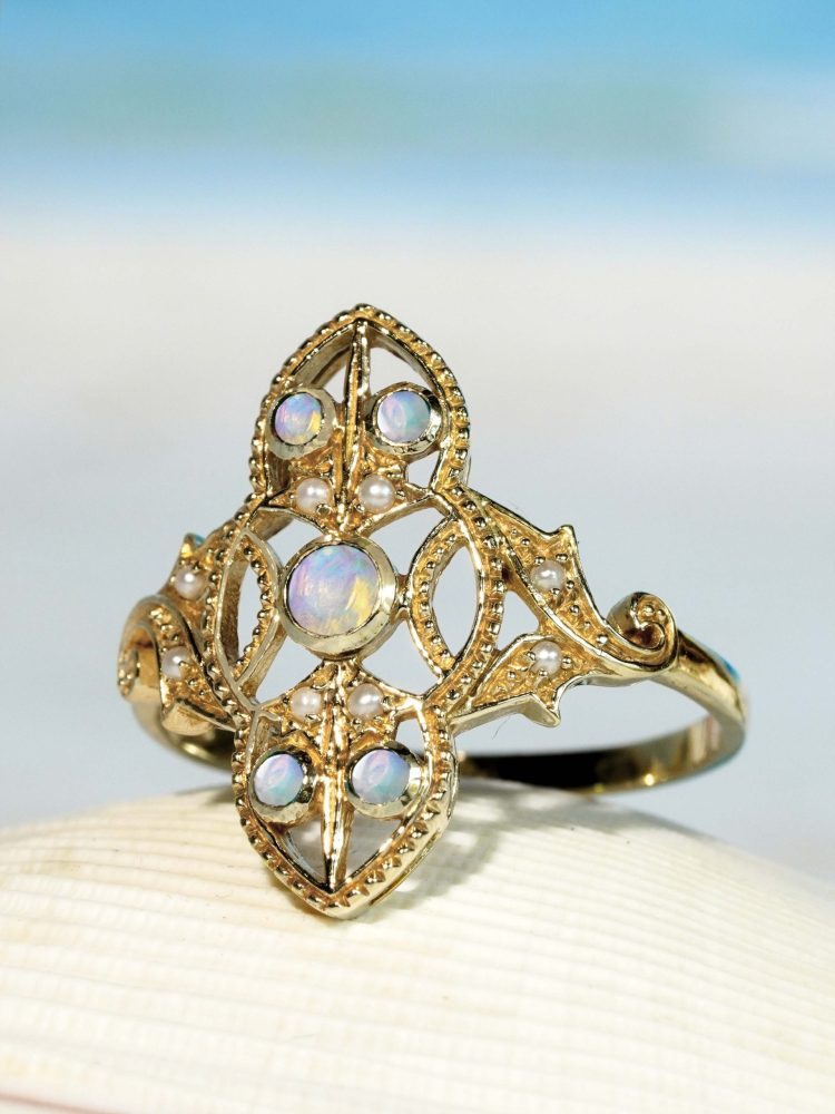 Opal and Pearl Set Openwork Navette Ring, 9ct yellow gold floral openwork ring set with opals and pearls with intricate filigree work on the shoulders