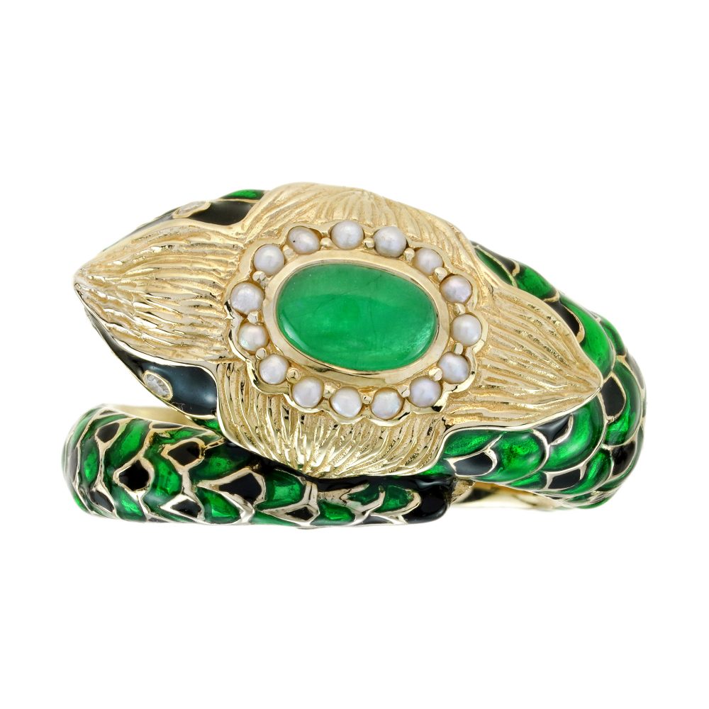 Green Black Enamel Snake Ring in 9ct Yellow Gold with Cabochon Emerald and Pearl Cluster Head and Diamond Eyes
