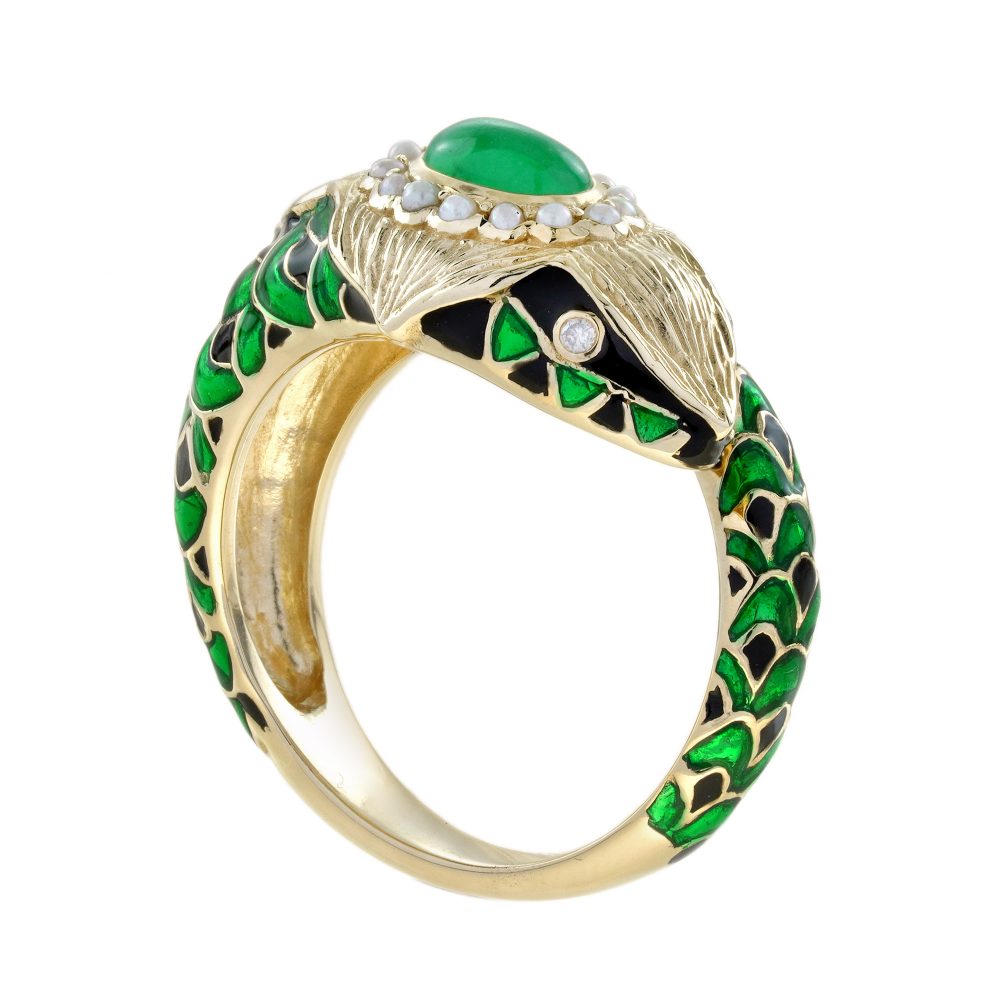 Green Black Enamel Snake Ring in 9ct Yellow Gold with Cabochon Emerald and Pearl Cluster Head and Diamond Eyes