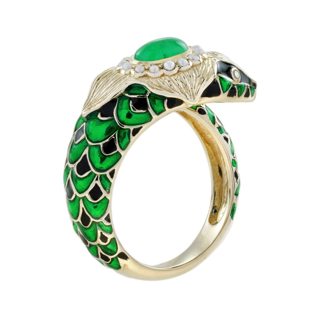 Green Black Enamel Snake Ring in 9ct Yellow Gold with Cabochon Emerald and Pearl Cluster Head and Diamond Eyes