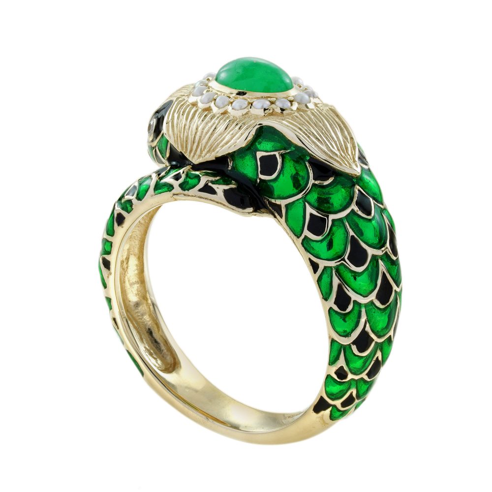 Green Black Enamel Snake Ring in 9ct Yellow Gold with Cabochon Emerald and Pearl Cluster Head and Diamond Eyes