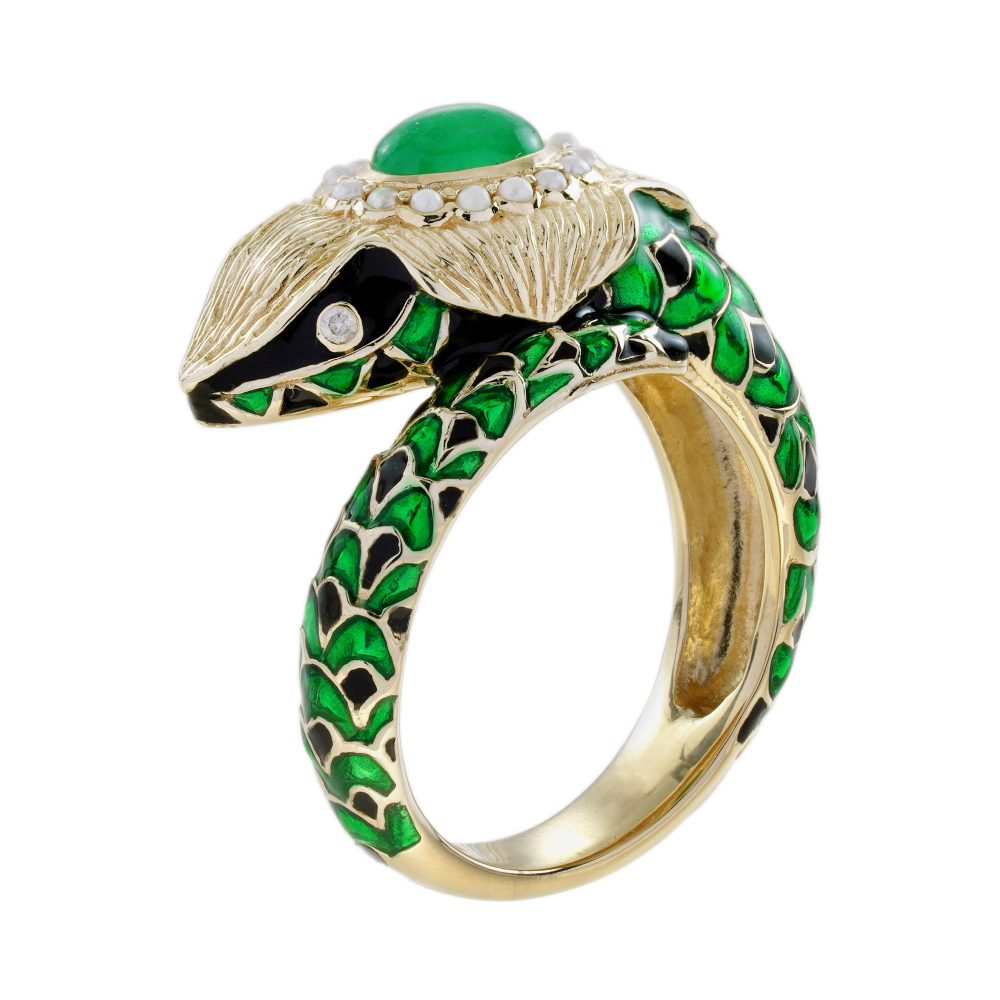 Green Black Enamel Snake Ring in 9ct Yellow Gold with Cabochon Emerald and Pearl Cluster Head and Diamond Eyes