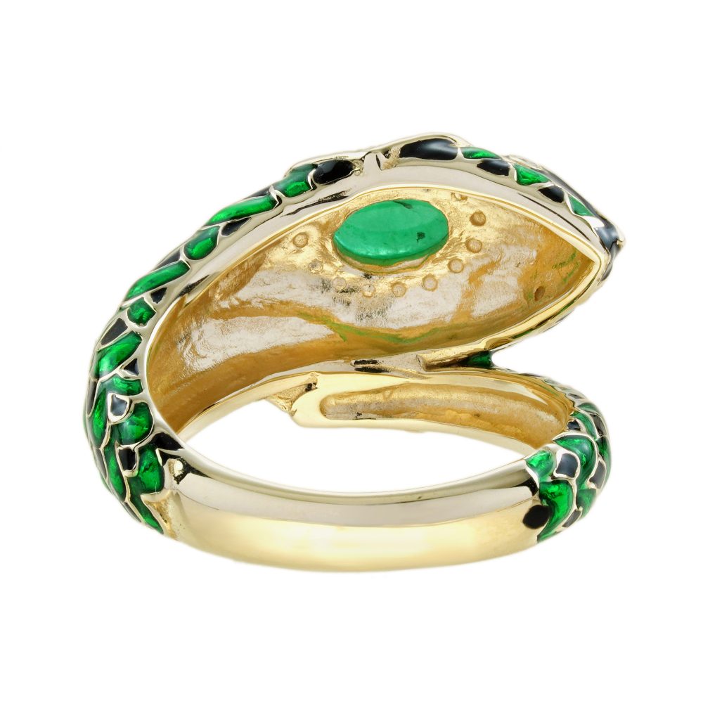 Green Black Enamel Snake Ring in 9ct Yellow Gold with Cabochon Emerald and Pearl Cluster Head and Diamond Eyes