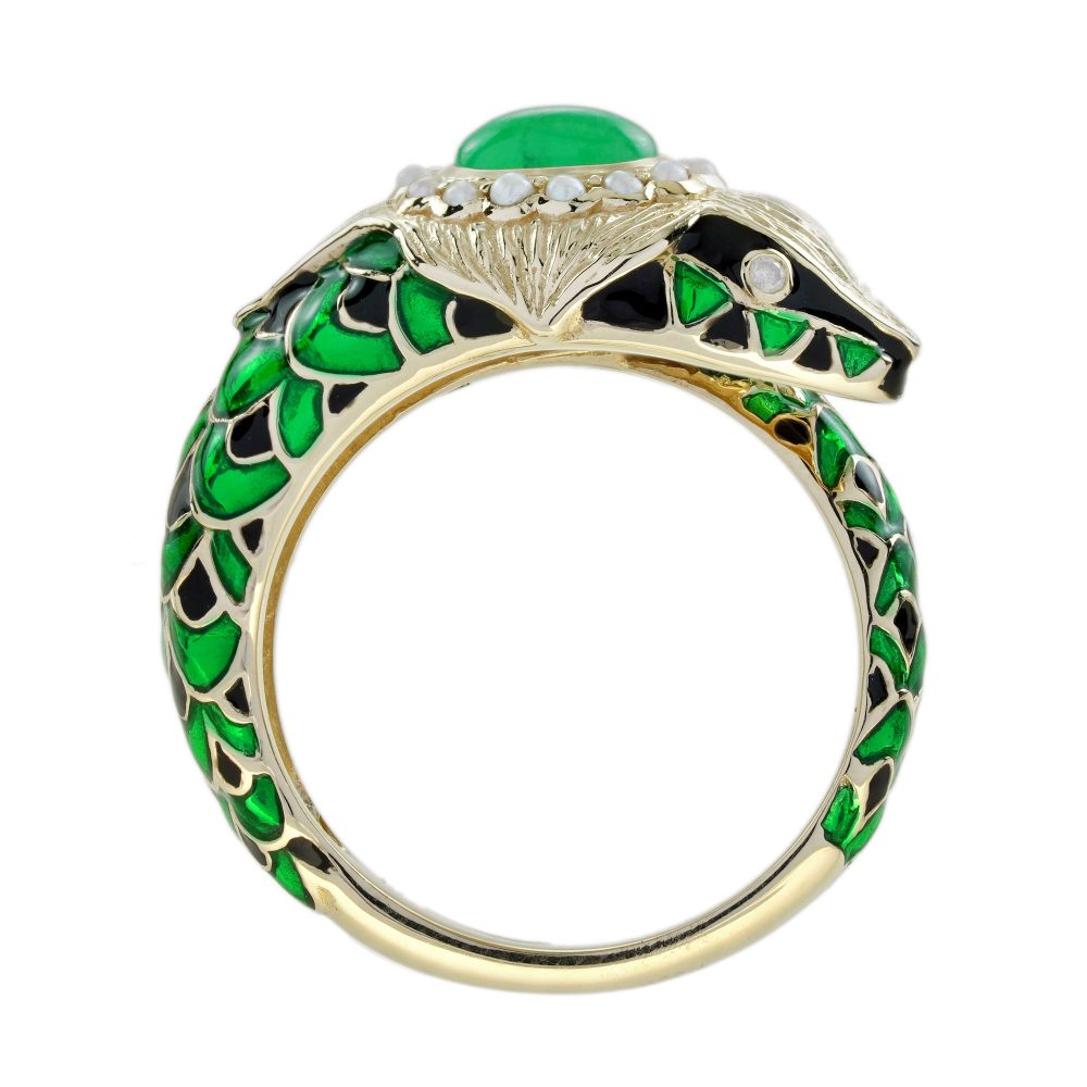Green Black Enamel Snake Ring in 9ct Yellow Gold with Cabochon Emerald and Pearl Cluster Head and Diamond Eyes