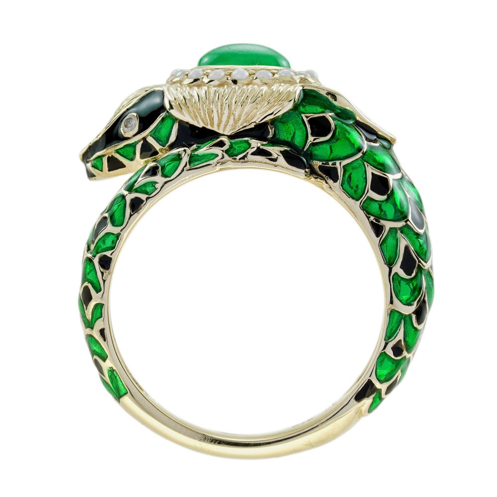 Green Black Enamel Snake Ring in 9ct Yellow Gold with Cabochon Emerald and Pearl Cluster Head and Diamond Eyes