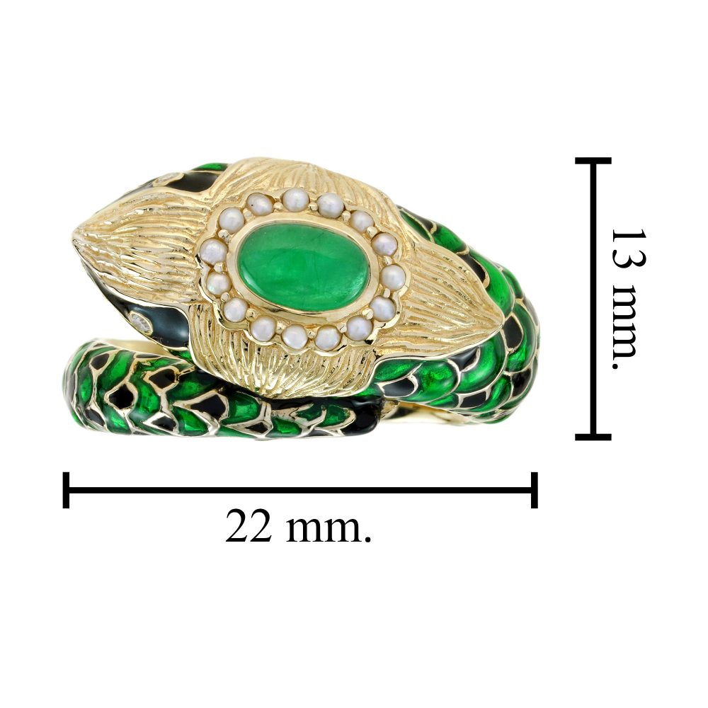Green Black Enamel Snake Ring in 9ct Yellow Gold with Cabochon Emerald and Pearl Cluster Head and Diamond Eyes