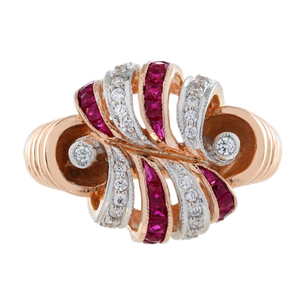 Retro Style Ruby and Diamond Cocktail Ring in 14ct Rose Gold, captivating blend of ruby and diamond accents in striking alternating pattern with graduating ribbed shoulders