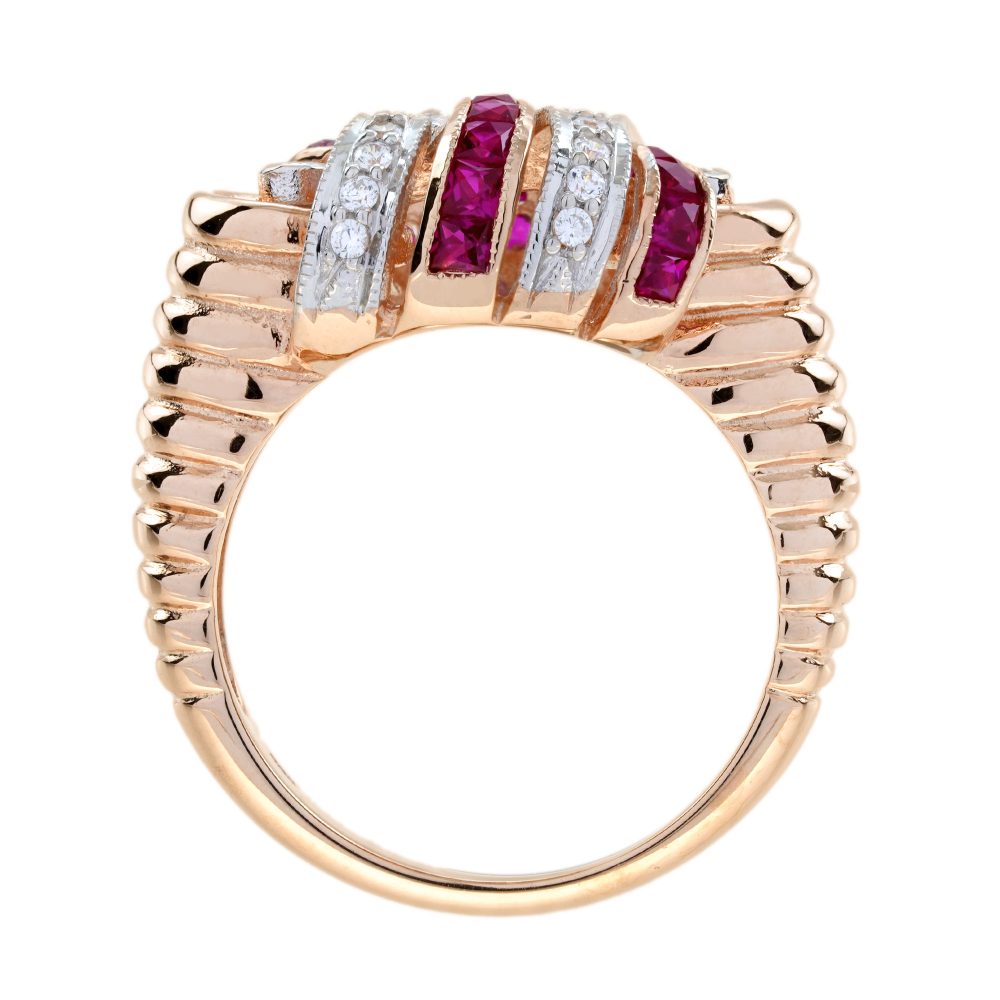 Retro Style Ruby and Diamond Cocktail Ring in 14ct Rose Gold, captivating blend of ruby and diamond accents in striking alternating pattern with graduating ribbed shoulders