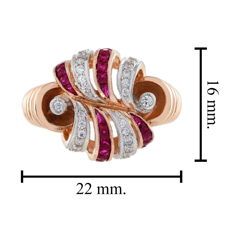 Retro Style Ruby and Diamond Cocktail Ring in 14ct Rose Gold, captivating blend of ruby and diamond accents in striking alternating pattern with graduating ribbed shoulders