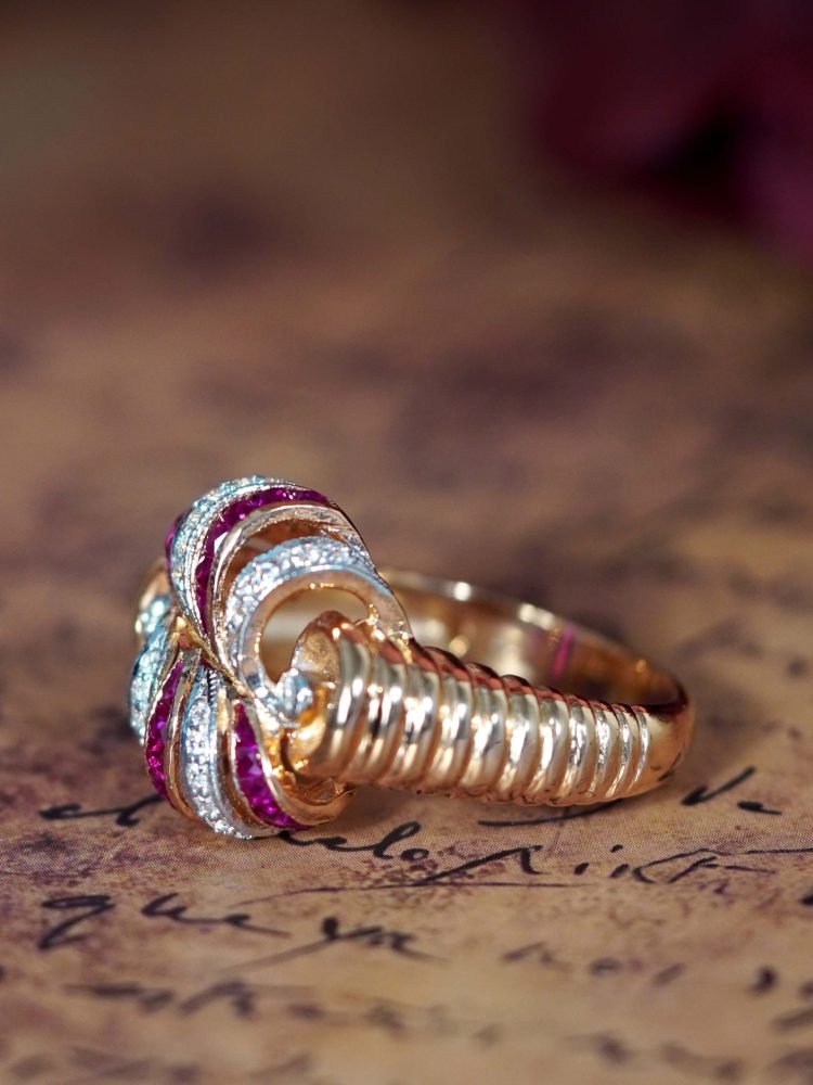 Retro Style Ruby and Diamond Cocktail Ring in 14ct Rose Gold, captivating blend of ruby and diamond accents in striking alternating pattern with graduating ribbed shoulders