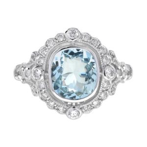 1.70ct Cushion Shape Aquamarine and Diamond Cluster Engagement Ring in 18ct white gold