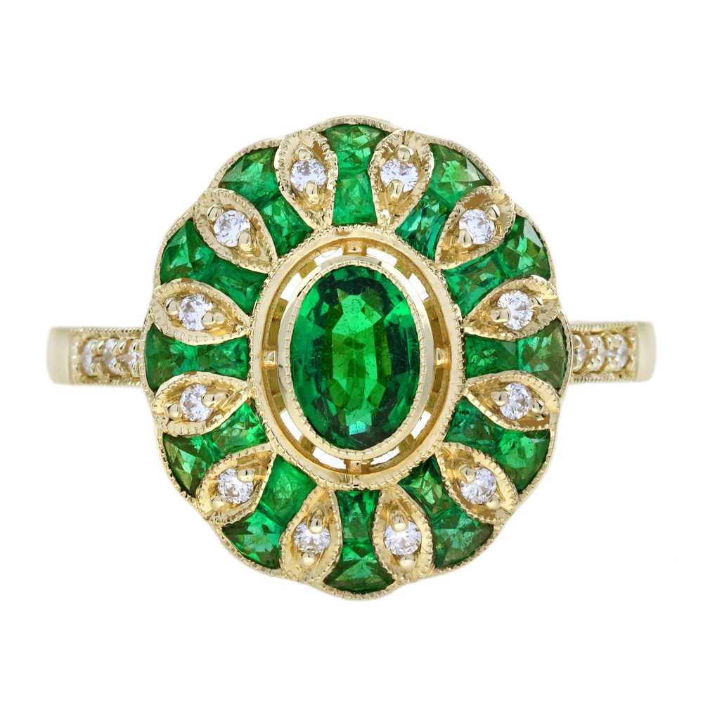 Modern Emerald and Diamond Oval Cluster Ring in 18ct Yellow Gold, vivid oval emerald encircled by alternating emeralds and diamonds in floral pattern